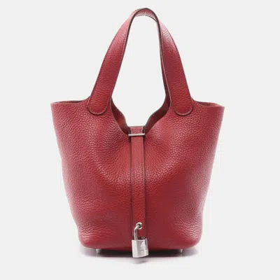 Pre-owned Hermes Rouge Garance Shw Taurillon Clemence Picotin Pm Hand Bag In Red