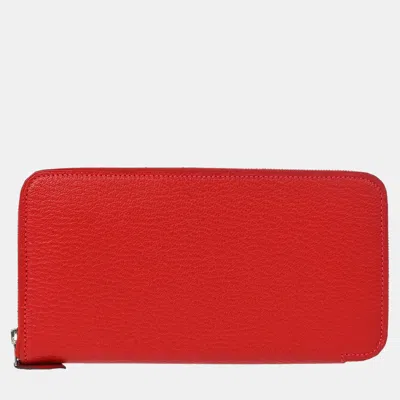 Pre-owned Hermes Rouge Garance Taurillon Clemence Asap Long Wallet In Red