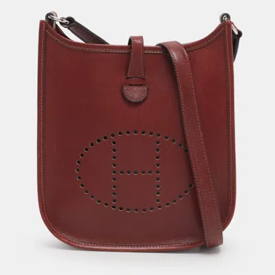 Pre-owned Hermes Rouge Grenat Box Calf Long Strap Evelyne Tpm Bag In Brown