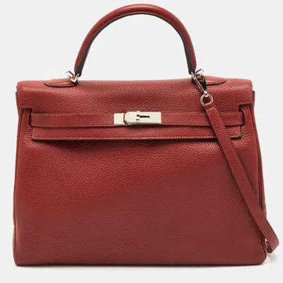Pre-owned Hermes Hermès Rouge Grenat Clemence Leather Palladium Finish Kelly Retourne 35 Bag In Red