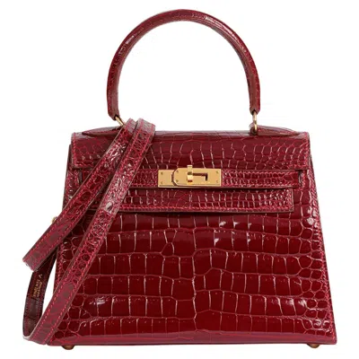 Pre-owned Hermes Hermès Rouge H Shiny Porosus Crocodile Leather Vintage Kelly 20cm In Red