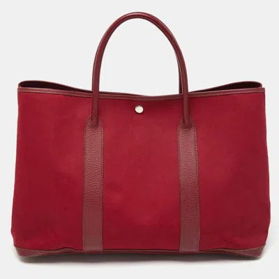 Pre-owned Hermes Rouge Imperial/tosca Toile H Canvas And Buffalo Leather Garden Party Large Bag In Red