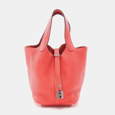 Pre-owned Hermes Picotin Lock Pm Hand Bag C Taurillon Clemence Rouge Pivoine Shw In Red