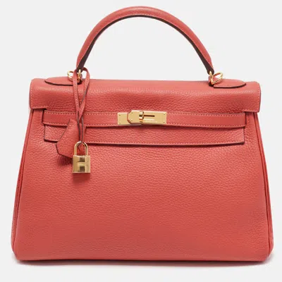 Pre-owned Hermes Rouge Pivoine Togo Leather Gold Finish Kelly Retourne 32 Bag In Red