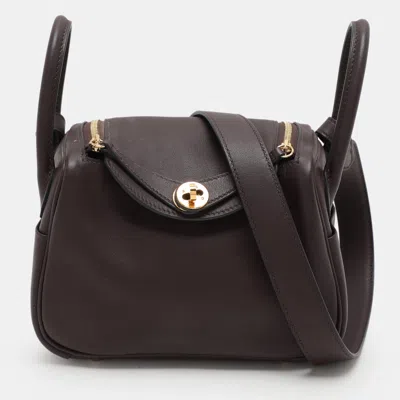 Pre-owned Hermes Rouge Sellier Swift Leather Gold Finish Mini Lindy Shoulder Bag In Brown