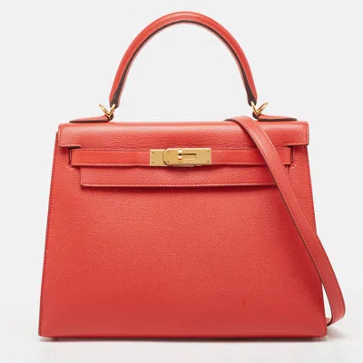 Pre-owned Hermes Rouge Tomate Epsom Leather Gold Finish Kelly Sellier 28 Bag In Red
