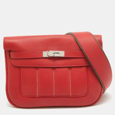 Pre-owned Hermes Rouge Tomate Swift Leather Palladium Finish Berline 28 Bag In Red