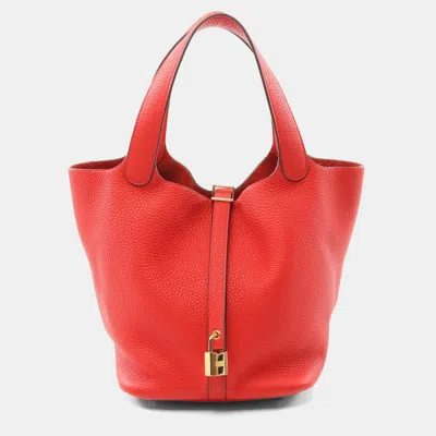 Pre-owned Hermes Rouge Tomate Taurillon Clemence Gold Hardware Picotin Lock 22