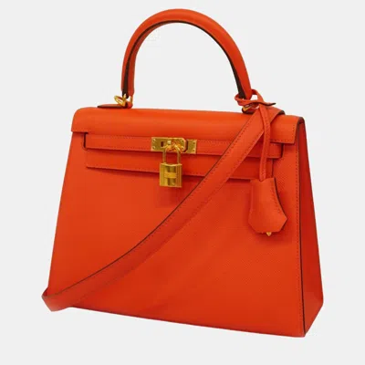 Pre-owned Hermes Rouge Tomato Epson Kelly 25 X Vaux Ladies Handbag In Red