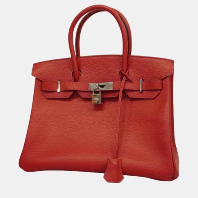 Pre-owned Hermes Rouge Vif Ardennes Birkin Engraved Handbag In Red
