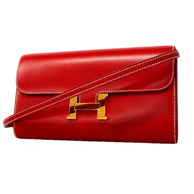Pre-owned Hermes Rouge Vif Box Calf Leather Chain/shoulder Wallet ()