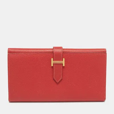 Pre-owned Hermes Rouge Vif Epsom Leather Bearn Gusset Wallet In Red