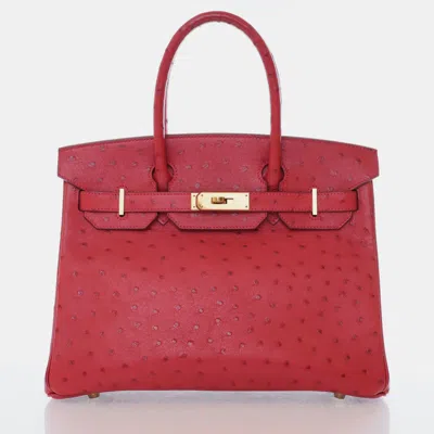 Pre-owned Hermes Rouge Vif Ostrich Birkin 30 Handbag In Red