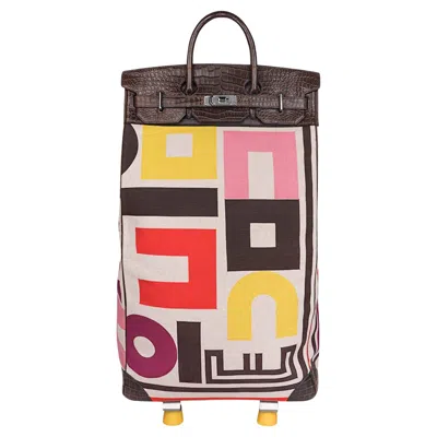 Pre-owned Hermes Roule Shopping Cart Roler Matte Havane Porosus Crocodile & Printed Toile In Sand