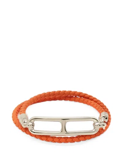 Pre-owned Hermes Roulis Braided Leather Bracelet In Silver