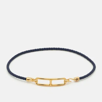 Pre-owned Hermes Hermès Roulis Navy Blue Leather Gold Plated Double Tour Bracelet