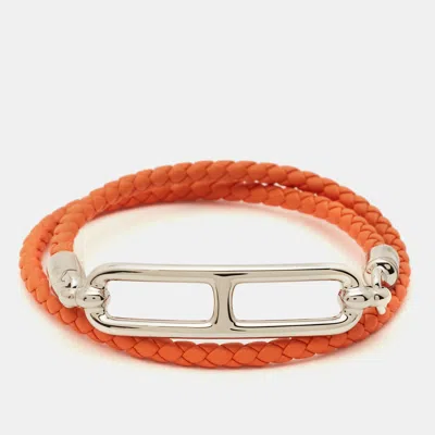 Pre-owned Hermes Roulis Orange Leather Palladium Plated Bracelet
