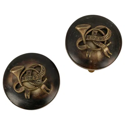Pre-owned Hermes Hermès Round Earrings "sellier" In Dark Golden Metal And Wood In Multi