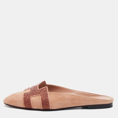 Pre-owned Hermes Roxane Size 37 Beige Suede Mules In Sand