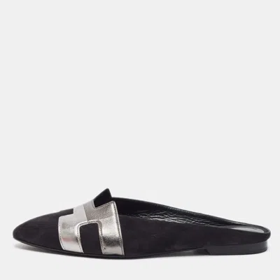 Pre-owned Hermes Roxane Size 37 Black/metallic Leather And Suede Mules