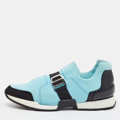 Pre-owned Hermes Run Size 37 Blue Neoprene And Suede Slip On Sneakers