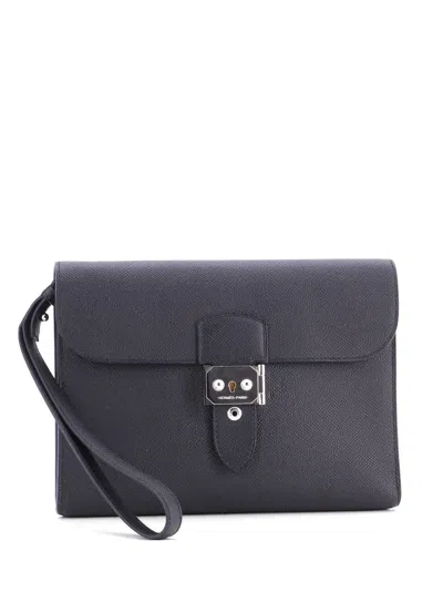 Pre-owned Hermes Sac A Depeches Wristlet Pouch Epsom 24 Clutch Bag In Black