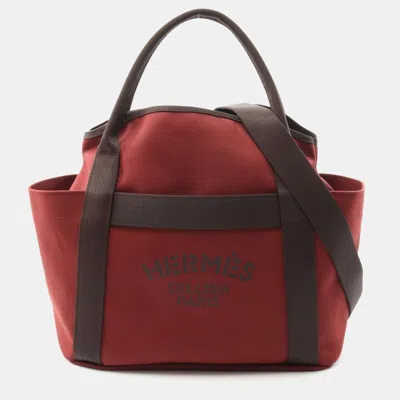 Pre-owned Hermes Sac De Pansage Rouge H B Toile Chevrons Canvas Shoulder Bag