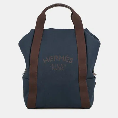 Pre-owned Hermes Sacked Pansage Groom Backpack Navy/feu Toile Chevrons Canvas In Brown