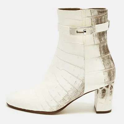 Pre-owned Hermes Saint Germain Size 36 White Himalaya Niloticus Crocodile Ankle Boots