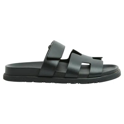 Pre-owned Hermes Hermès Sandales Chypre Noir Eu37 Black Leather Sandals Mules Uk4 Us6.5