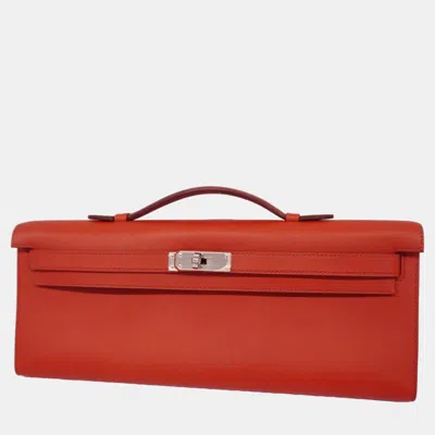 Pre-owned Hermes Sanguine Swift Kelly Engraved Clutch Bag In Red