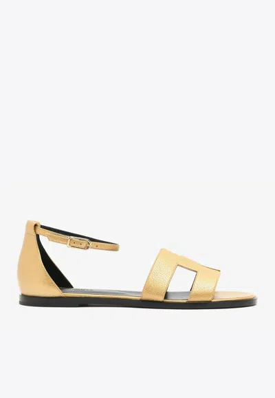 Pre-owned Hermes Santorini Sandals In Dore Metallic Grained Goatskin