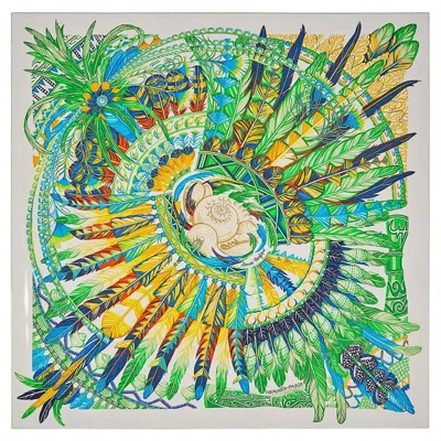 Pre-owned Hermes Scarf Danse Pacifique Gris Argent / Vert/ Jaune Silk In Sand