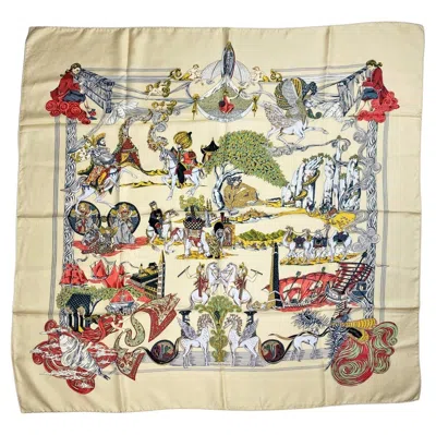Pre-owned Hermes Hermès Scarf Named "au Fil De La Soie" By Annie Faivre - Paris Circa 1995 In Sand