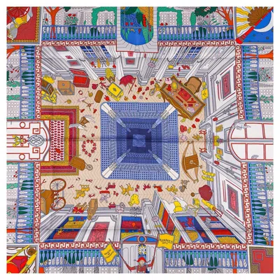 Pre-owned Hermes Scarf Objets De Curiosite Bleu Lavande / Gris Silk 90 In Gray