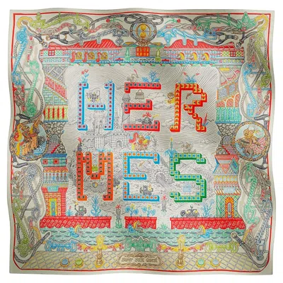Pre-owned Hermes Scarf Super Silk Quest Argent Coral Multicolore 90 In Red