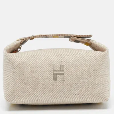 Pre-owned Hermes Hermès Seigle Wool Small Bride-a-brac Au Carre Pouch In Beige