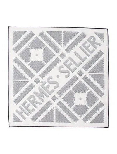 Pre-owned Hermes Sellier Cotton Pocket Square Scarf In White