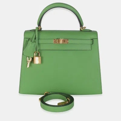 Pre-owned Hermes Sellier Kelly 25 Vert Yucca Epsom Bag In Green