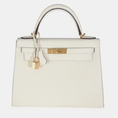 Pre-owned Hermes Sellier Kelly 28 Nata Epsom Bag In White