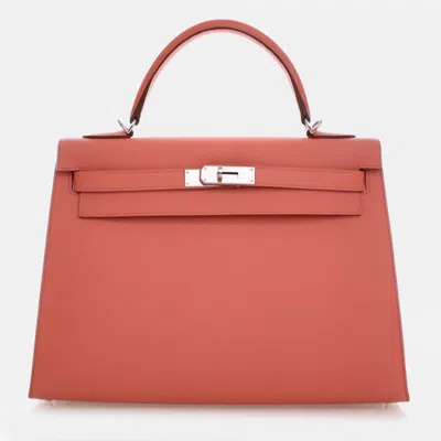 Pre-owned Hermes Sellier Kelly 32 Pink Epsom Calfskin Leather Top Handle Bag In Orange