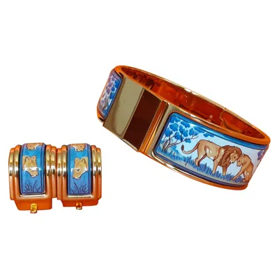 Pre-owned Hermes Hermès Set Clic Clac Bracelet And Matching Earrings Lions And Lionesses Bleu Ghw In Multi