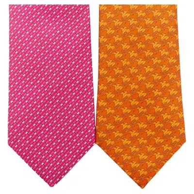 Pre-owned Hermes Set Of 2 100% Silk Pink Geometric Orange Horse Rider Pattern Dress Tie