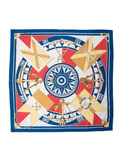 Pre-owned Hermes Sextants Silk Scarf In Blue