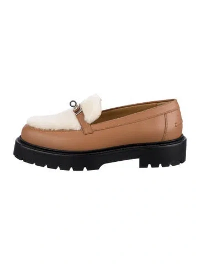 Pre-owned Hermes Shearling Fur Trim Loafers In Brown