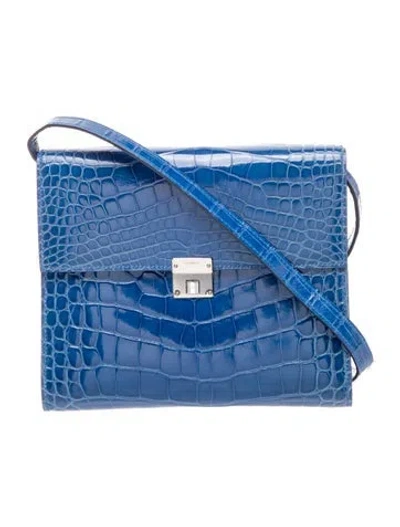 Pre-owned Hermes Shiny Alligator Clic 16 Wallet W/ Strap In Blue