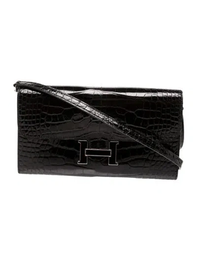 Pre-owned Hermes Shiny Alligator Enamel Constance To Go Wallet In Black