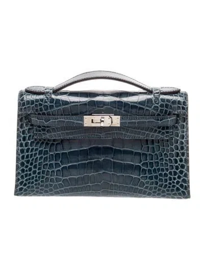 Pre-owned Hermes Shiny Alligator Kelly Pochette In Blue