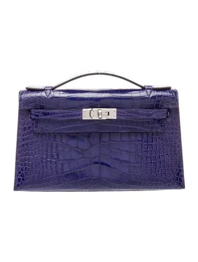 Pre-owned Hermes Shiny Alligator Kelly Pochette In Blue