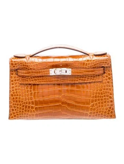 Pre-owned Hermes Shiny Alligator Kelly Pochette In Orange